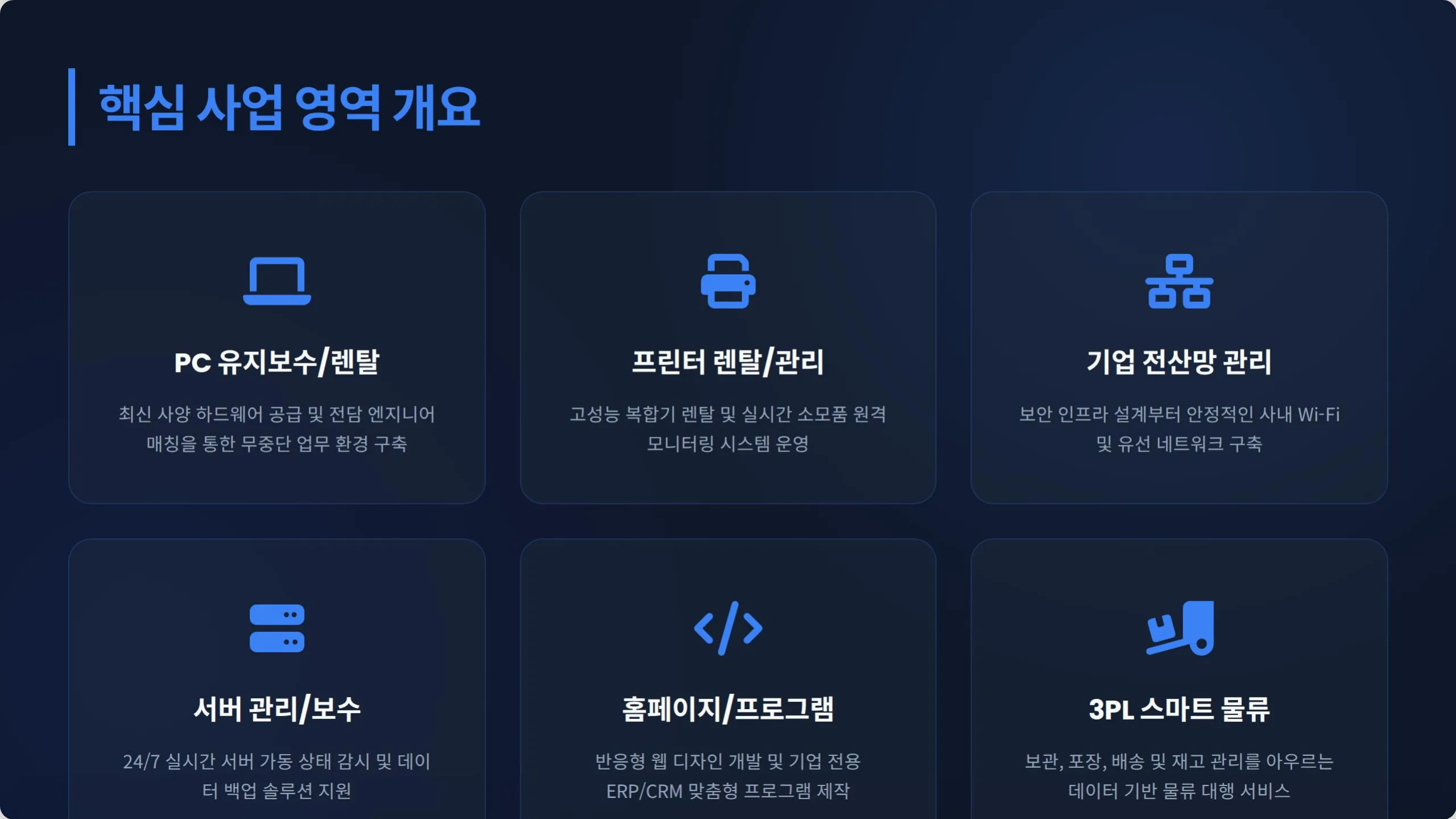 핵심 사업 영역 개요. PC 유지보수/렌탈: 최신 사양 하드웨어 공급 및 전담 엔지니어 매칭을 통한 무중단 업무 환경 구축. 프린터 렌탈/관리: 고성능 복합기 렌탈 및 실시간 소모품 원격 모니터링 시스템 운영. 기업 전산망 관리: 보안 인프라 설계부터 안정적인 사내 Wi-Fi 및 유선 네트워크 구축. 서버 관리/보수: 24/7 실시간 서버 가동 상태 감시 및 데이터 백업 솔루션 지원. 홈페이지/프로그램: 반응형 웹 디자인 개발 및 기업 전용 ERP/CRM 맞춤형 프로그램 제작. 3PL 스마트 물류: 보관, 포장, 배송 및 재고 관리를 아우르는 데이터 기반 물류 대행 서비스.